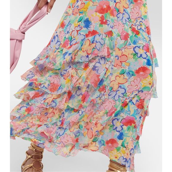 NWT Rixo Floral Flutter Cap Sleeve Thanvi Tiered Silk Maxi Dress Multicolor XXS - Picture 4 of 12